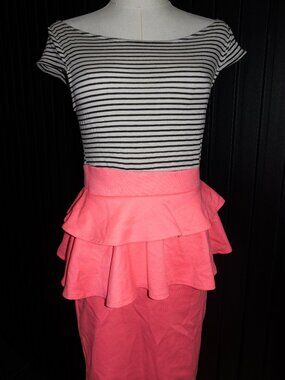 Striped Colorblock Tiered Peplum Midi Dress Black White Coral Pink